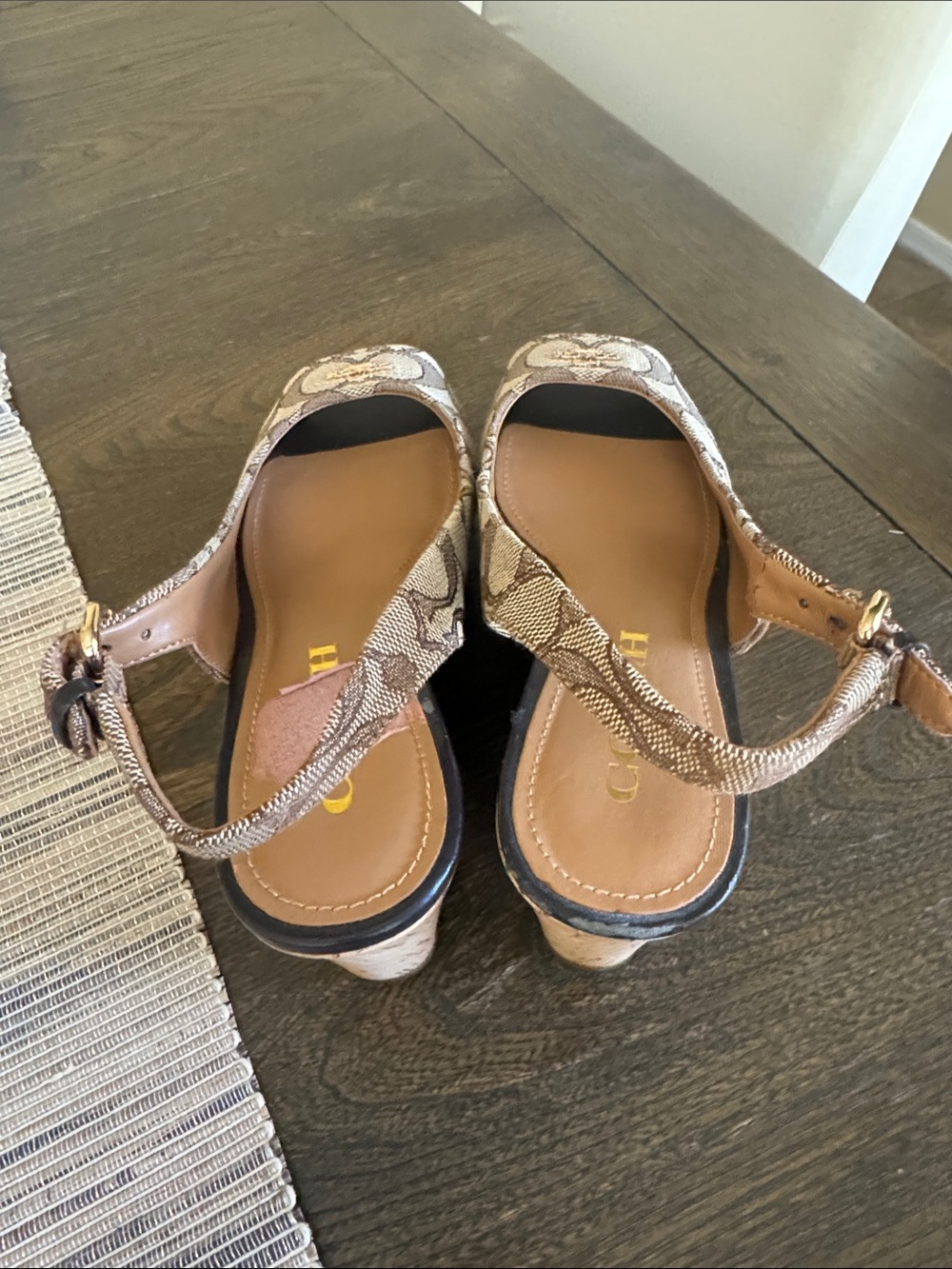 COACH Brown Signature Canvas Peep-Toe Slingback Wedges - Picture 3 of 9